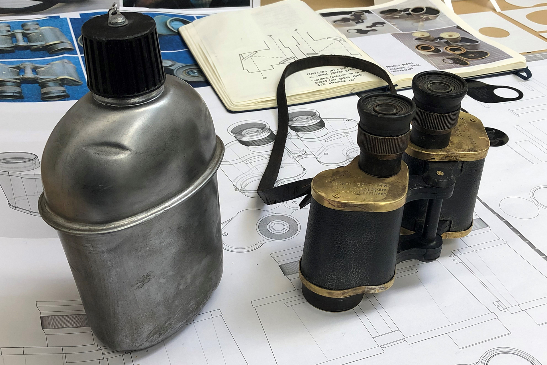 Model flask and binoculars